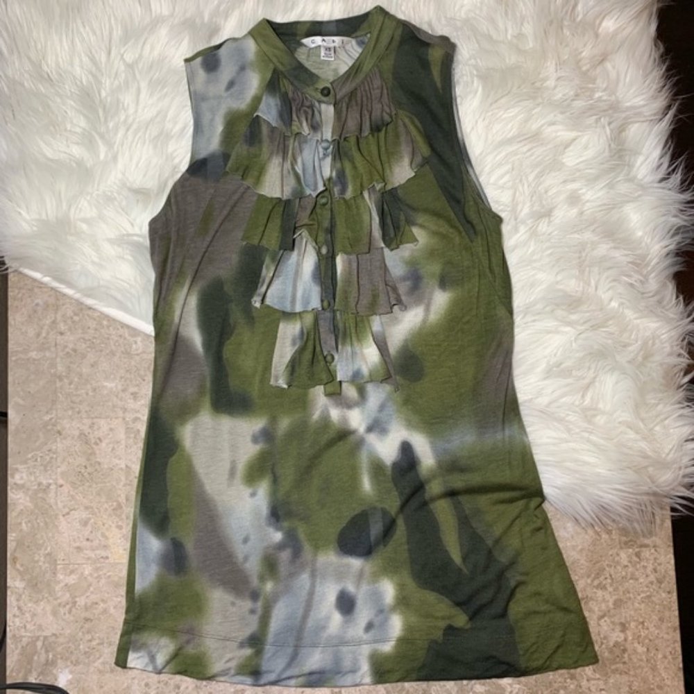 Cabi Camo Green Ruffle Front Detail Top Size XS